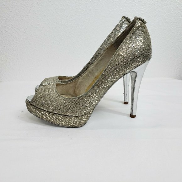 Michael Kors Peep Toe Slip‎ On Pumps Gold Silver Women Size 6 M Platform Heels - Picture 6 of 12